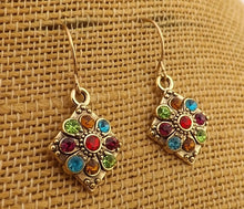 Load image into Gallery viewer, Blue, Green, Red Bling, Gold Tone Round Drop Earrings
