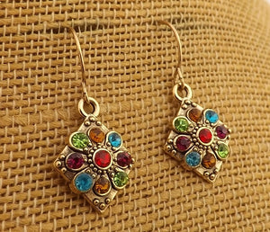Blue, Green, Red Bling, Gold Tone Round Drop Earrings