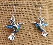 Load image into Gallery viewer, Blue, Green &amp; Silver Toned Hummingbird Earrings
