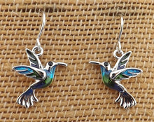 Load image into Gallery viewer, Blue, Green &amp; Silver Toned Hummingbird Earrings
