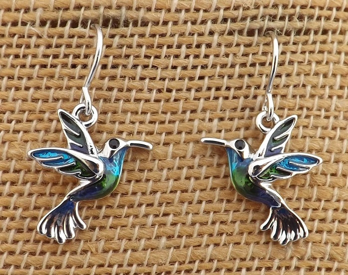 Blue, Green & Silver Toned Hummingbird Earrings