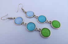 Load image into Gallery viewer, Blue, Green &amp; White Polka Dot Triple Drop Dome Earrings
