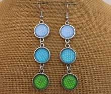 Load image into Gallery viewer, Blue, Green &amp; White Polka Dot Triple Drop Dome Earrings
