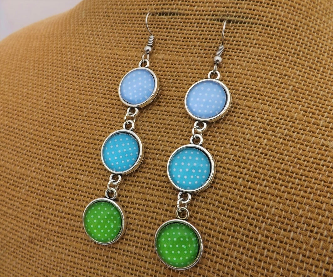 Blue, Green & White Polka Dot Triple Drop Dome Earrings