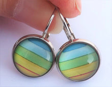 Load image into Gallery viewer, Blue, Green &amp;  Yellow Stripes - Silver Tone Dome Earrings on Lever Back Hooks
