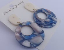 Load image into Gallery viewer, Blue &amp; Grey Purple Acrylic Round Drop Earrings on Stud Setting
