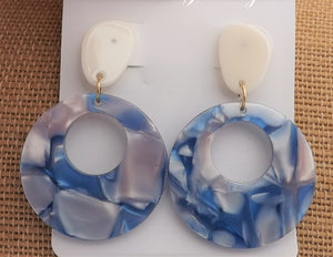 Blue & Grey Purple Acrylic Round Drop Earrings on Stud Setting
