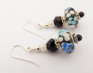 Blue & Orange Flowers on Black Art Glass Bead Earrings on Sterling Silver Hooks
