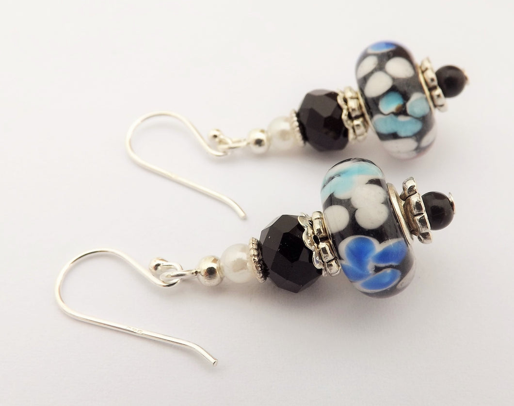 Blue & Orange Flowers on Black Art Glass Bead Earrings on Sterling Silver Hooks