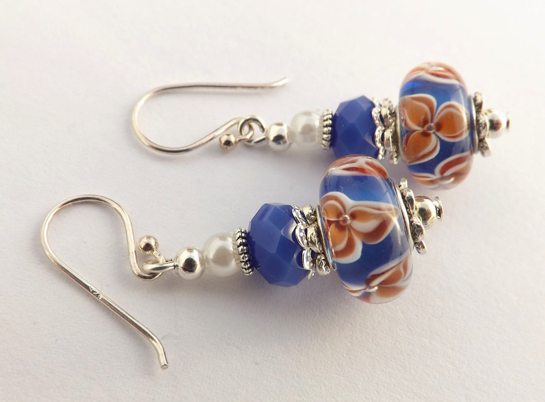 Blue & Orange Art Glass Bead Earrings on Sterling Silver Hooks