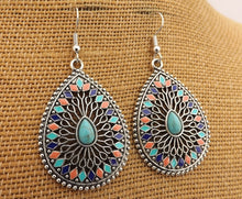 Load image into Gallery viewer, Blue, Orange &amp; Silver Tone Dotted Teardrop Earrings
