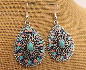 Blue, Orange & Silver Tone Dotted Teardrop Earrings