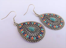 Load image into Gallery viewer, Blue, Orange &amp; Silver Tone Dotted Teardrop Earrings
