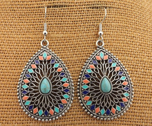 Load image into Gallery viewer, Blue, Orange &amp; Silver Tone Dotted Teardrop Earrings
