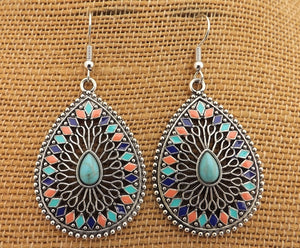 Blue, Orange & Silver Tone Dotted Teardrop Earrings