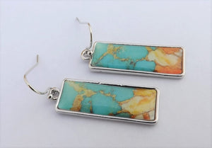 Blue, Orange & Silver Tone Rectangle Earrings