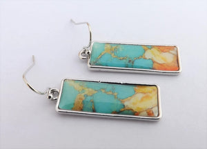 Blue, Orange & Silver Tone Rectangle Earrings