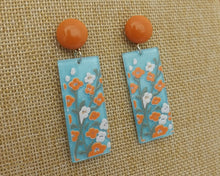 Load image into Gallery viewer, Blue, Orange &amp; White Floral Acrylic Rectangle Drop Earrings

