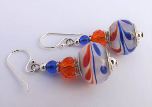 Blue, Orange & White Glass Bead Earrings on Sterling Silver Hooks