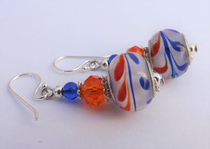 Blue, Orange & White Glass Bead Earrings on Sterling Silver Hooks