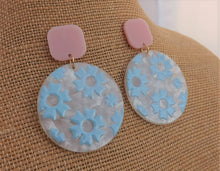 Load image into Gallery viewer, Blue, Pink &amp; Pearl Floral Acrylic Earrings
