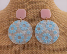 Load image into Gallery viewer, Blue, Pink &amp; Pearl Floral Acrylic Earrings
