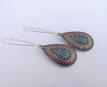 Load image into Gallery viewer, Blue, Pink &amp; Silver Tone Teardrop Dotted Earrings on Long Kidney Hooks
