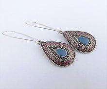 Load image into Gallery viewer, Blue, Pink &amp; Silver Tone Teardrop Dotted Earrings on Long Kidney Hooks
