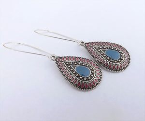 Blue, Pink & Silver Tone Teardrop Dotted Earrings on Long Kidney Hooks