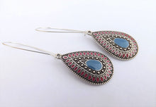 Load image into Gallery viewer, Blue, Pink &amp; Silver Tone Teardrop Dotted Earrings on Long Kidney Hooks
