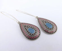 Load image into Gallery viewer, Blue, Pink &amp; Silver Tone Teardrop Dotted Earrings on Long Kidney Hooks
