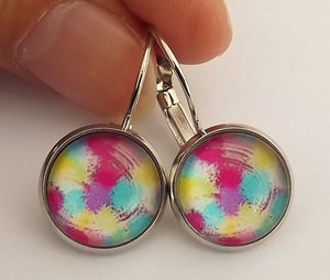 Blue, Pink & Yellow Pattern - Dome Earrings on Lever Back Hooks