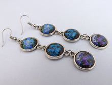 Load image into Gallery viewer, Blue, Purple &amp; Black Floral Handmade Triple Dome Drop Earrings
