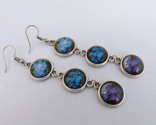 Load image into Gallery viewer, Blue, Purple &amp; Black Floral Handmade Triple Dome Drop Earrings
