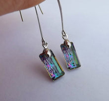 Load image into Gallery viewer, Blue, Purple, Gold &amp; Silver Tone Faceted Crystal Rectangle Earrings on Long Hooks
