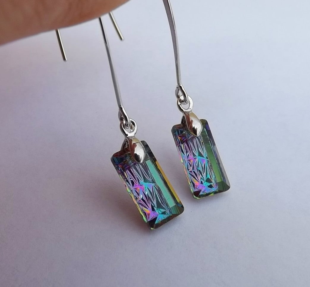 Blue, Purple, Gold & Silver Tone Faceted Crystal Rectangle Earrings on Long Hooks