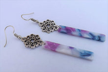Load image into Gallery viewer, Blue, Purple, Pearl Acrylic &amp; Silver Tone Drop Earrings
