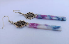 Load image into Gallery viewer, Blue, Purple, Pearl Acrylic &amp; Silver Tone Drop Earrings
