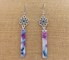 Load image into Gallery viewer, Blue, Purple, Pearl Acrylic &amp; Silver Tone Drop Earrings
