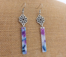 Load image into Gallery viewer, Blue, Purple, Pearl Acrylic &amp; Silver Tone Drop Earrings
