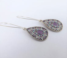 Load image into Gallery viewer, Blue, Purple &amp; Silver Tone Teardrop Dotted Earrings on Long Kidney Hooks
