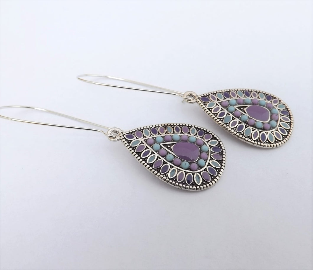 Blue, Purple & Silver Tone Teardrop Dotted Earrings on Long Kidney Hooks