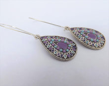 Load image into Gallery viewer, Blue, Purple &amp; Silver Tone Teardrop Dotted Earrings on Long Kidney Hooks
