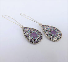 Load image into Gallery viewer, Blue, Purple &amp; Silver Tone Teardrop Dotted Earrings on Long Kidney Hooks
