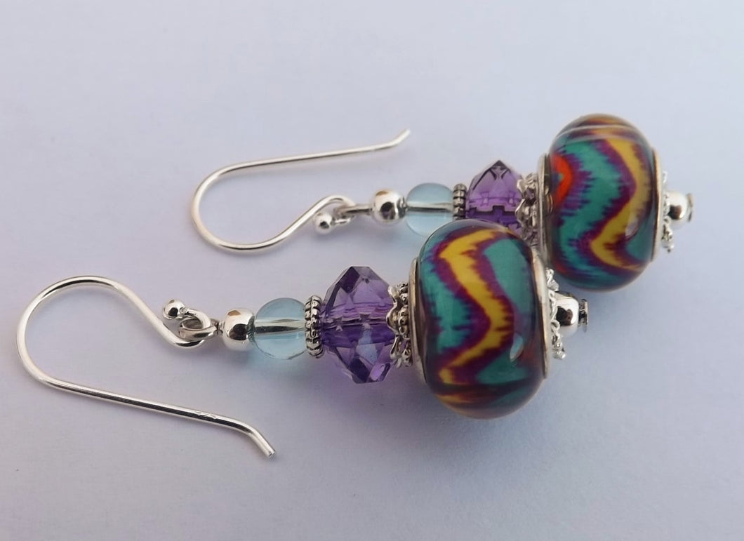 Blue, Purple & Yellow Zigzag Acrylic Bead Earrings