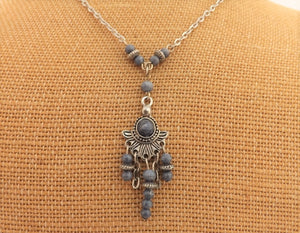 Blue & Silver Tone Bead Drop Pendant Necklace