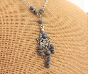 Blue & Silver Tone Bead Drop Pendant Necklace