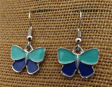 Load image into Gallery viewer, Blue &amp; Silver Tone Butterfly Drop Earrings
