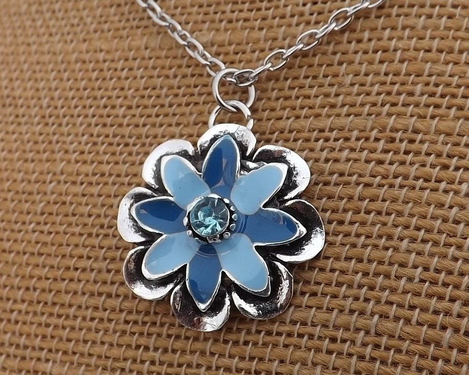 Blue & Silver Tone Flower Pendant Necklace