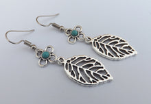 Load image into Gallery viewer, Blue &amp; Silver Tone Flower &amp; Leaf Drop Earrings
